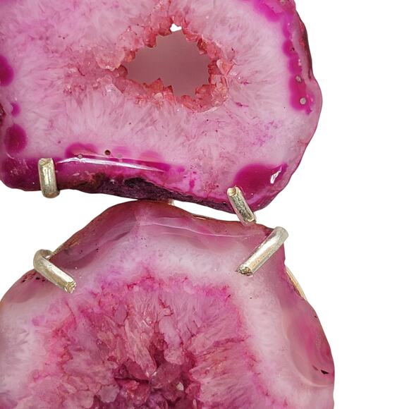 Double Pink Agate Geode Pendant – Handmade Sterling Silver Statement Necklace - Picture 3 of 10